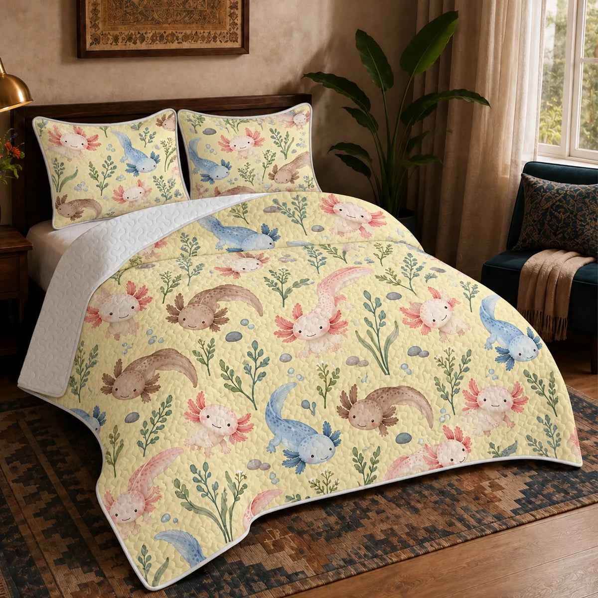Tiny Ditsy Axolotl quilt set — small pink, blue and brown axolotls with green sprigs and pebbles on butter yellow