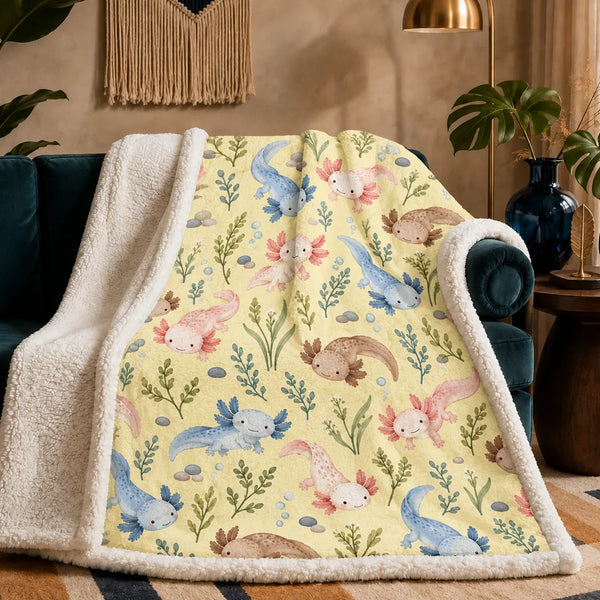 Tiny Ditsy Axolotl sherpa blanket — small pink, blue and brown axolotls with green sprigs and pebbles on butter yellow