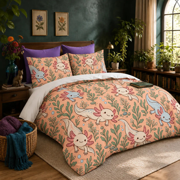Whimsical Contour Axolotl duvet cover set — cream and powder blue cartoon axolotls with sage leaves and bubbles on apricot