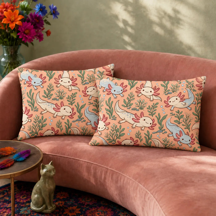 Whimsical Contour Axolotl pillowcase set — cream and powder blue cartoon axolotls with sage leaves and bubbles on apricot