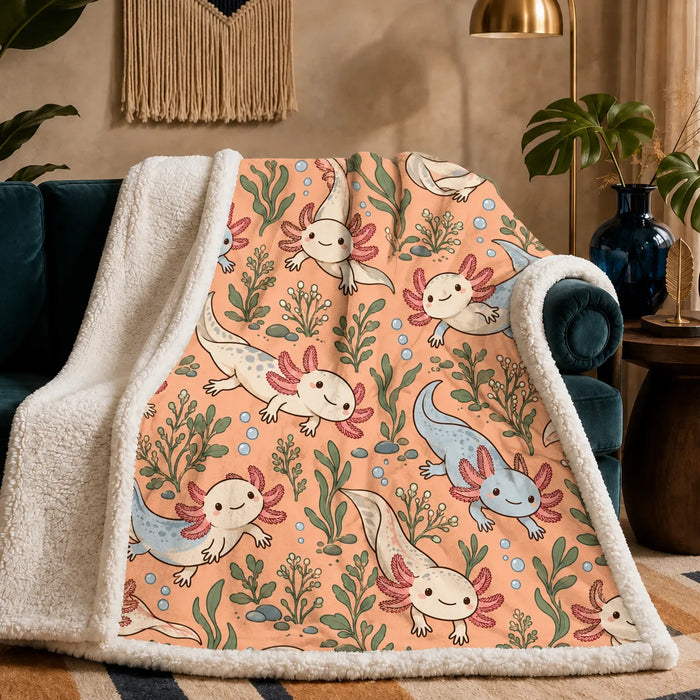 Whimsical Contour Axolotl sherpa blanket — cream and powder blue cartoon axolotls with sage leaves and bubbles on apricot