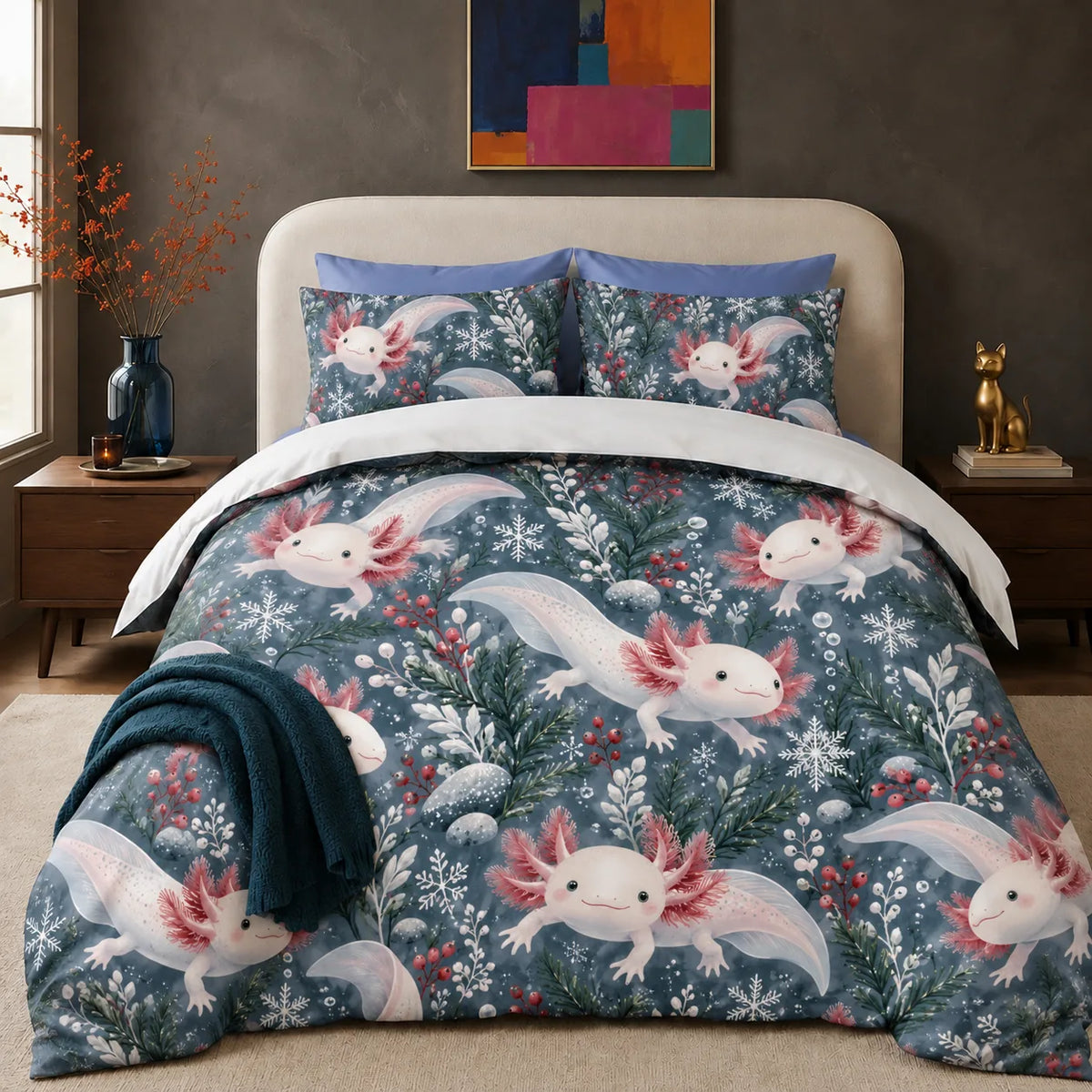 Winter Garden Axolotl comforter set — white axolotls with red berries, snowflakes and evergreen sprigs on slate blue