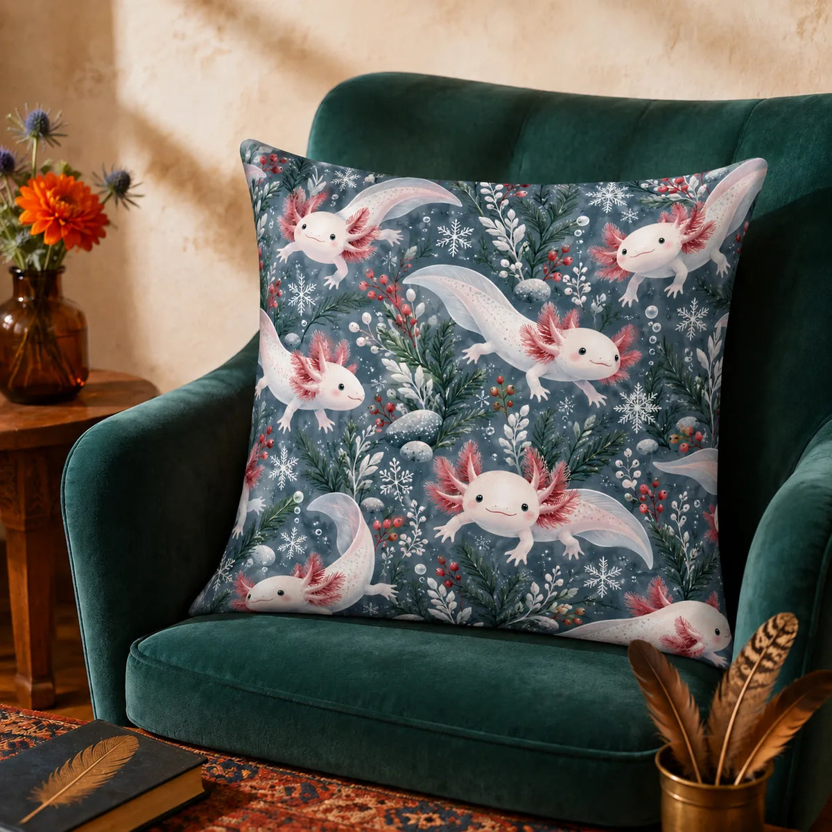 Winter Garden Axolotl cushion cover set — white axolotls with red berries, snowflakes and evergreen sprigs on slate blue
