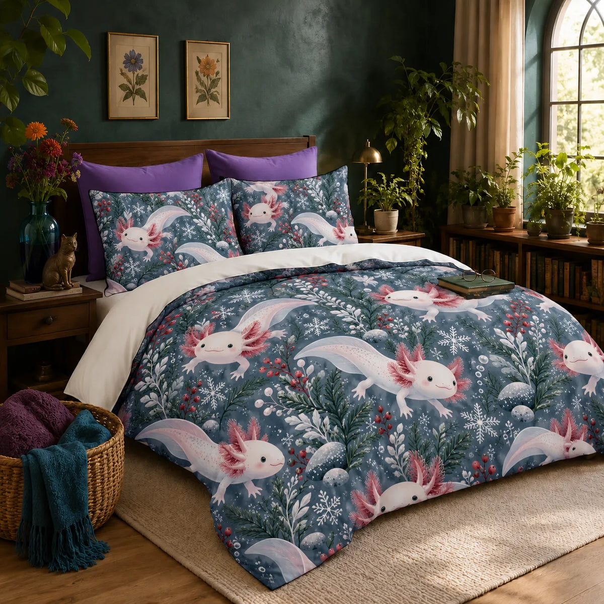 Winter Garden Axolotl duvet cover set — white axolotls with red berries, snowflakes and evergreen sprigs on slate blue