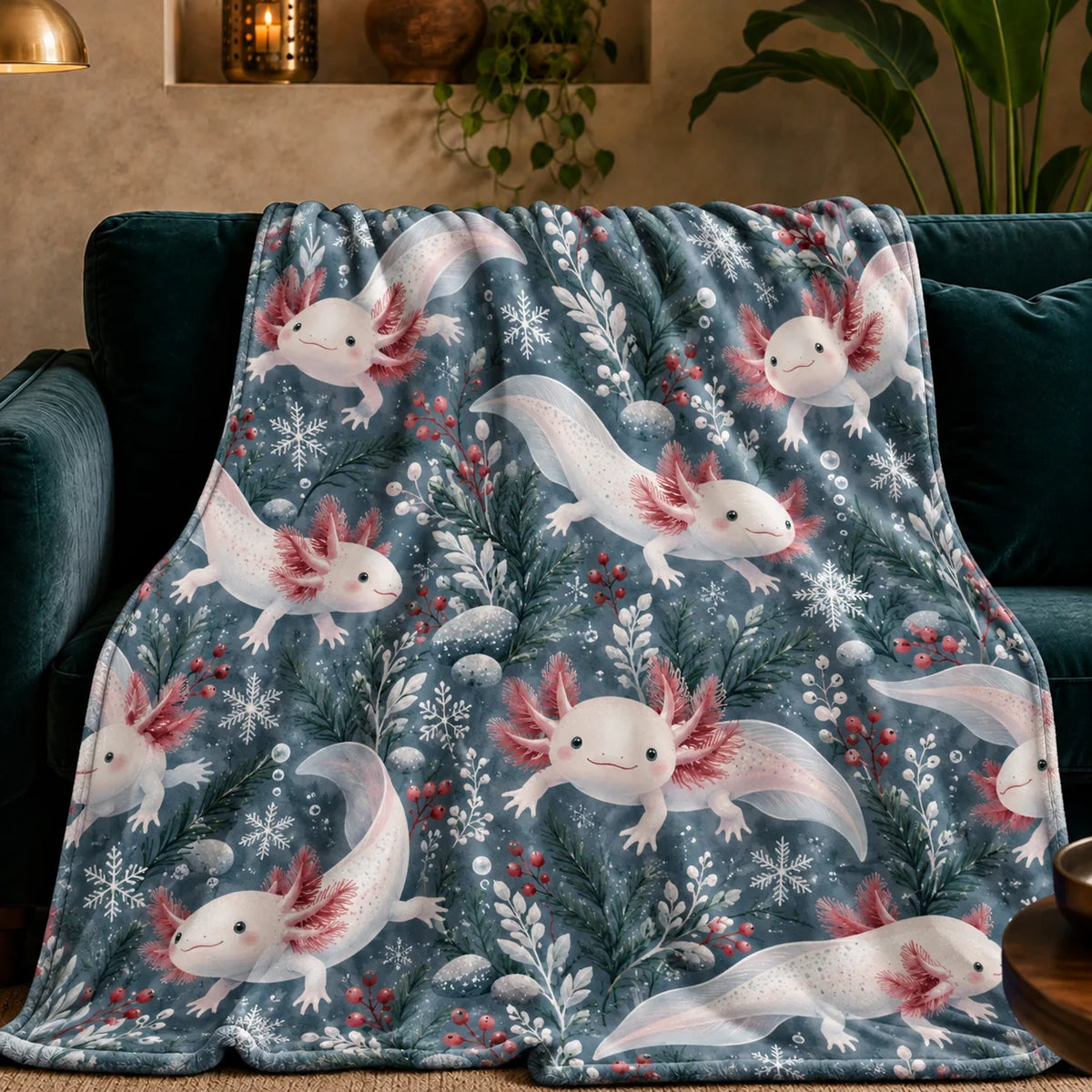 Winter Garden Axolotl fleece throw blanket — white axolotls with red berries, snowflakes and evergreen sprigs on slate blue