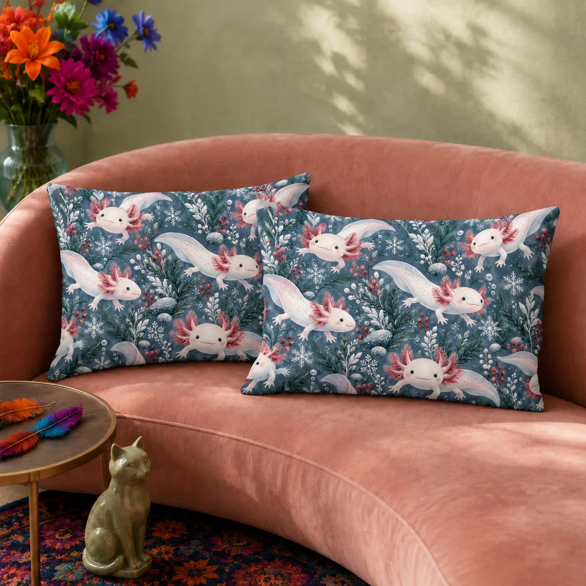 Winter Garden Axolotl pillowcase set — white axolotls with red berries, snowflakes and evergreen sprigs on slate blue