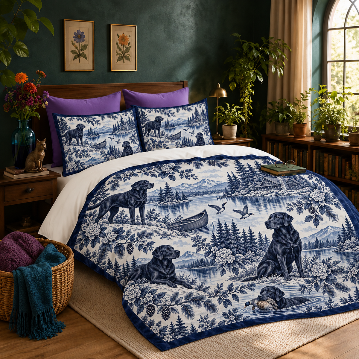 Black Labrador Navy Toile duvet cover set on a made bed