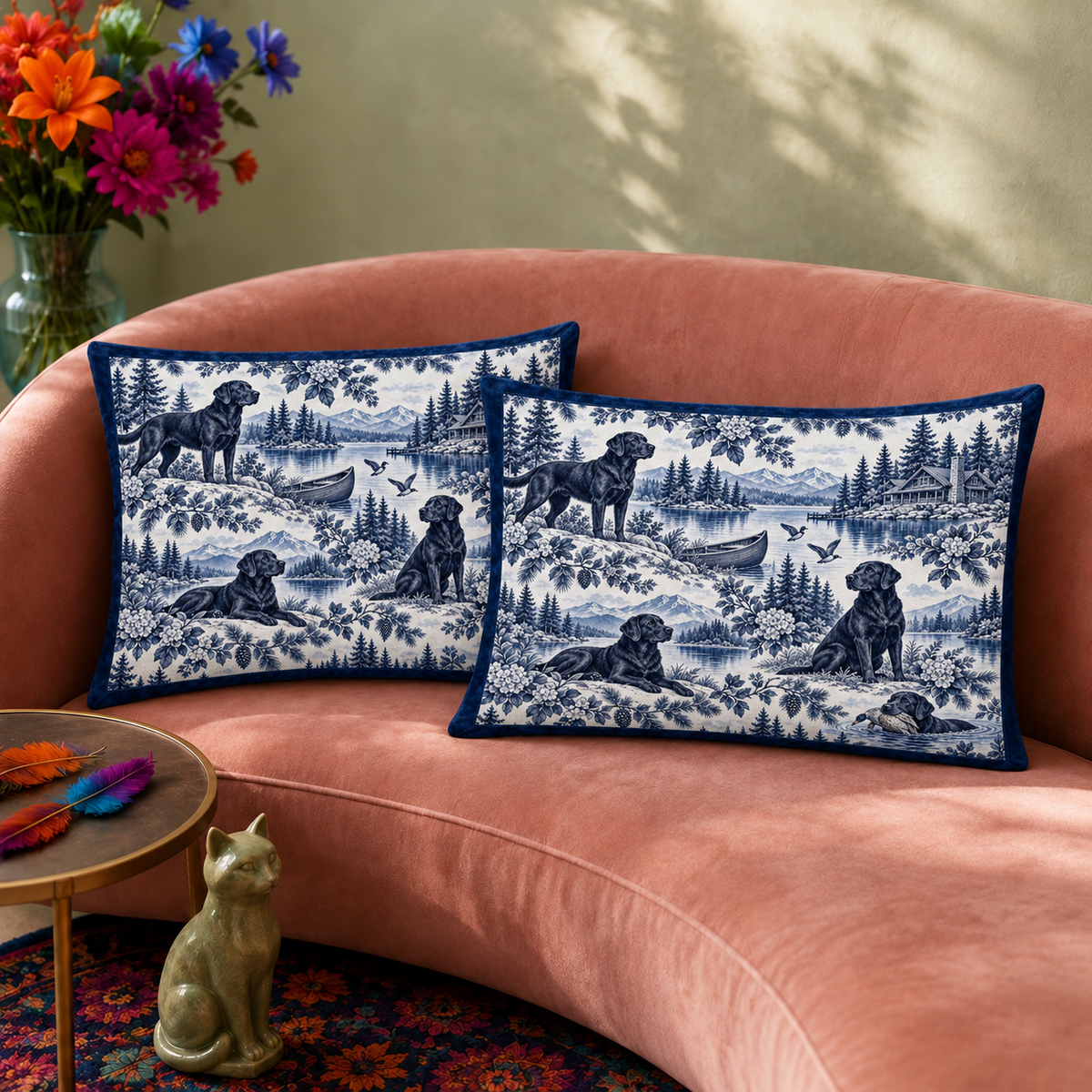 Black Labrador Navy Toile pillowcase set on a made bed