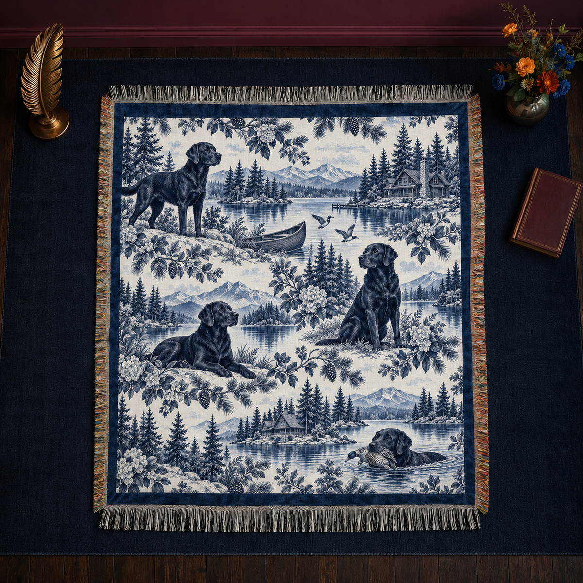 Black Labrador Navy Toile woven throw blanket with fringed edges draped over a chair