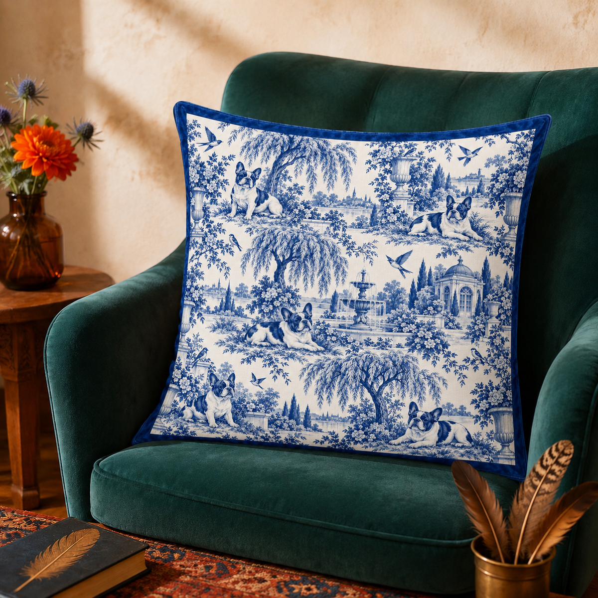 Blue Toile French Bulldog cushion covers on a sofa