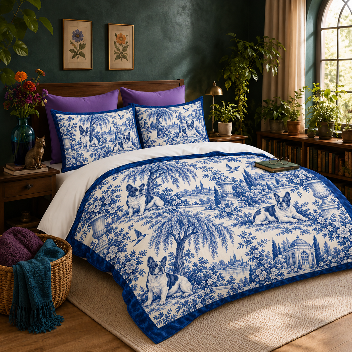 Blue Toile French Bulldog duvet cover set on a made bed