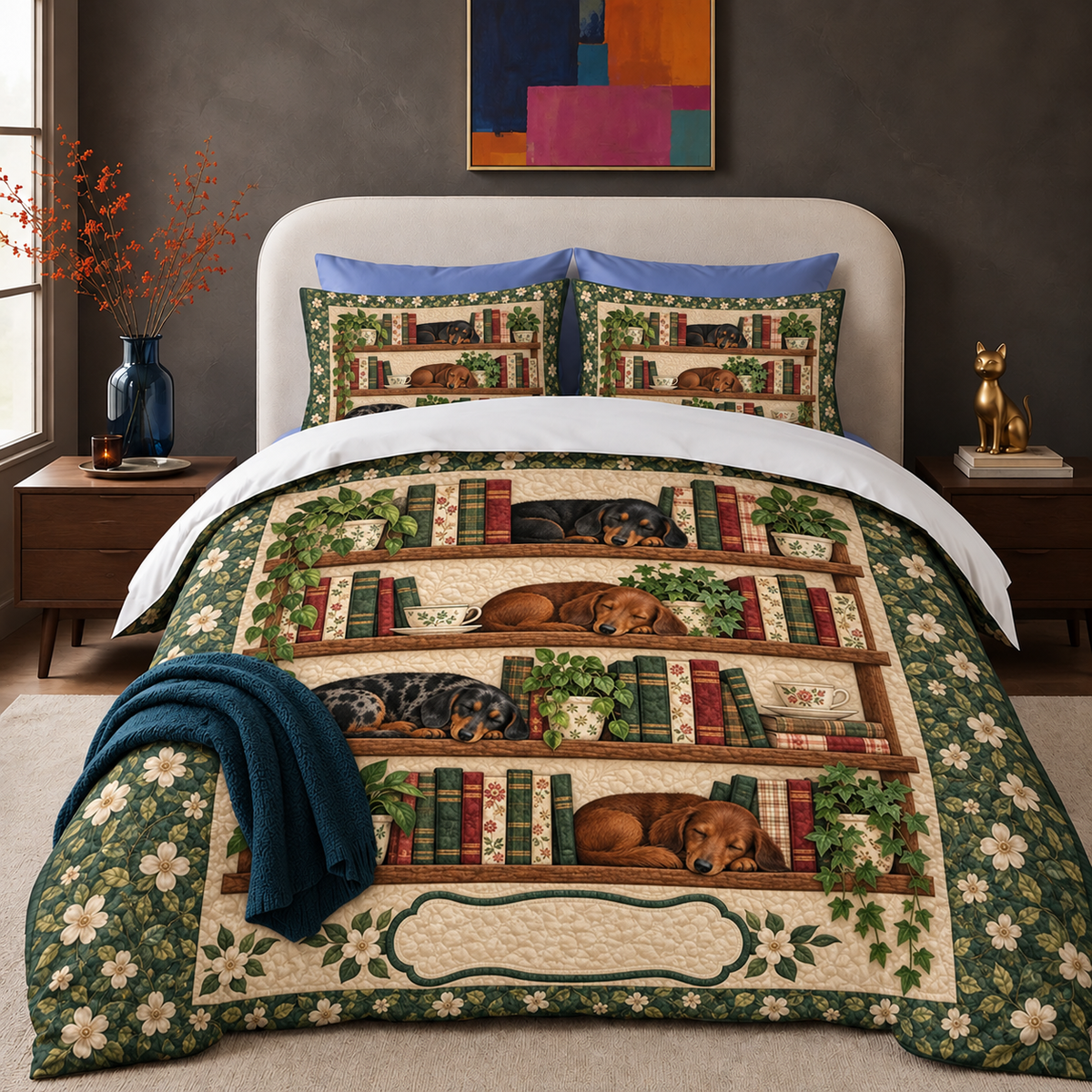 Bookshelf Dachshund comforter set on a made bed
