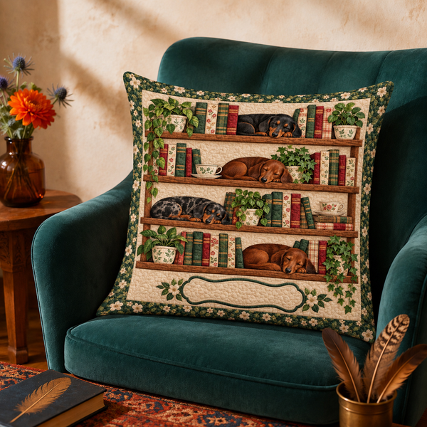 Bookshelf Dachshund cushion covers on a sofa