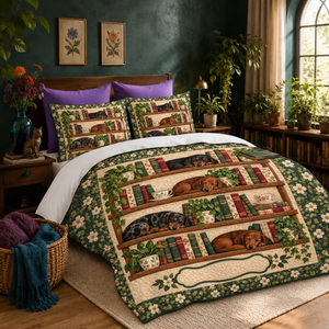 Bookshelf Dachshund duvet cover set on a made bed