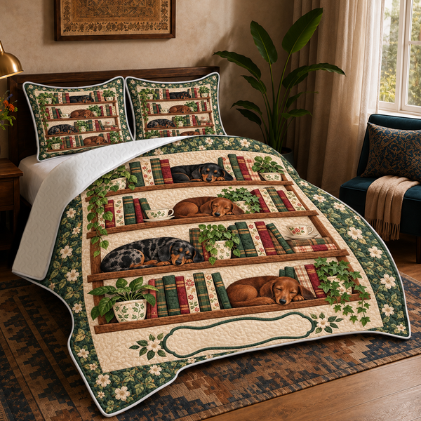 Bookshelf Dachshund quilt set with two matching pillow shams on a made bed