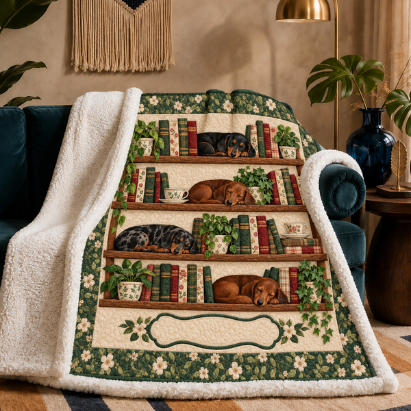 Bookshelf Dachshund sherpa blanket draped over a sofa, corner folded back to show the cream sherpa reverse