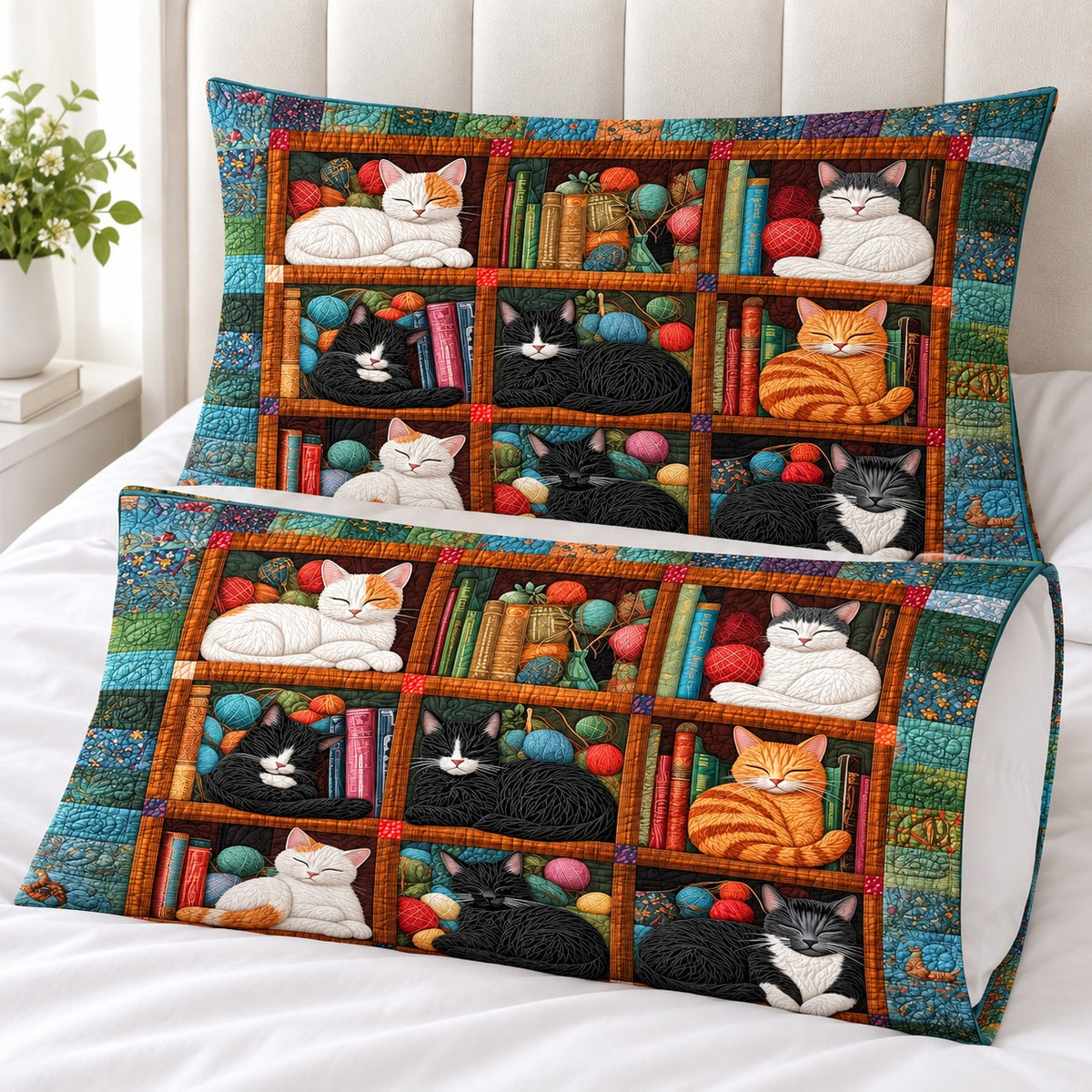 Bookshelf Nap Cats pillowcases – set of two printed pillowcases on a white bed