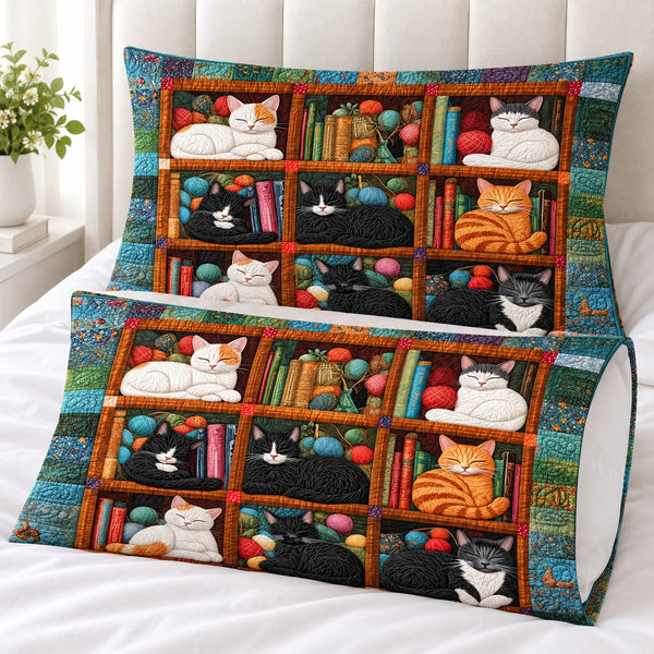 Bookshelf Nap Cats pillowcases – set of two printed pillowcases on a white bed
