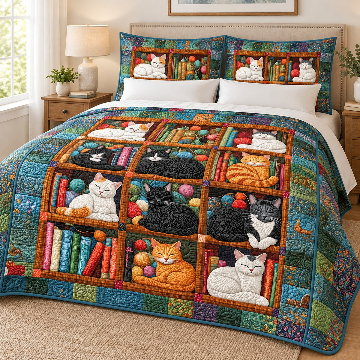Bookshelf Nap Cats quilt set – quilt and two matching shams on a queen bed in a bright neutral bedroom