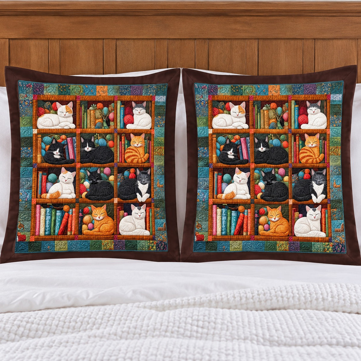 Bookshelf Nap Cats pillow shams – two flanged shams standing against a wooden headboard