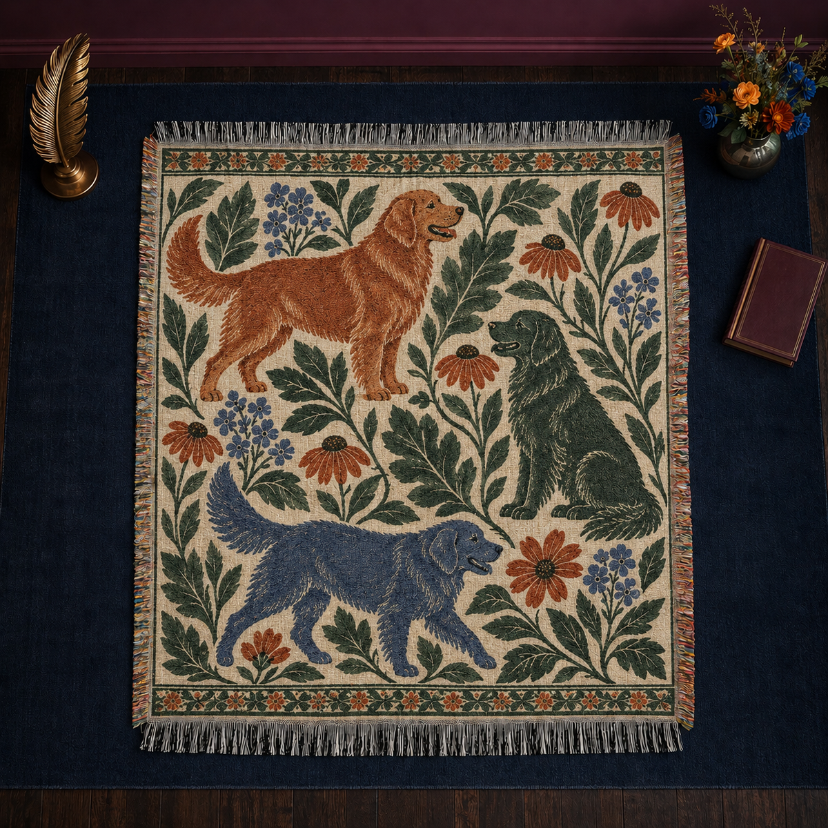 Botanical Golden Retriever woven throw blanket - jacquard-woven golden retriever and navy dog among stylised flowers, fringed edges