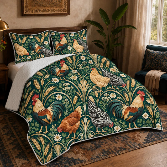 Art Deco Chicken quilt set — roosters and hens with gold art deco fans, wheat and daisies on deep green