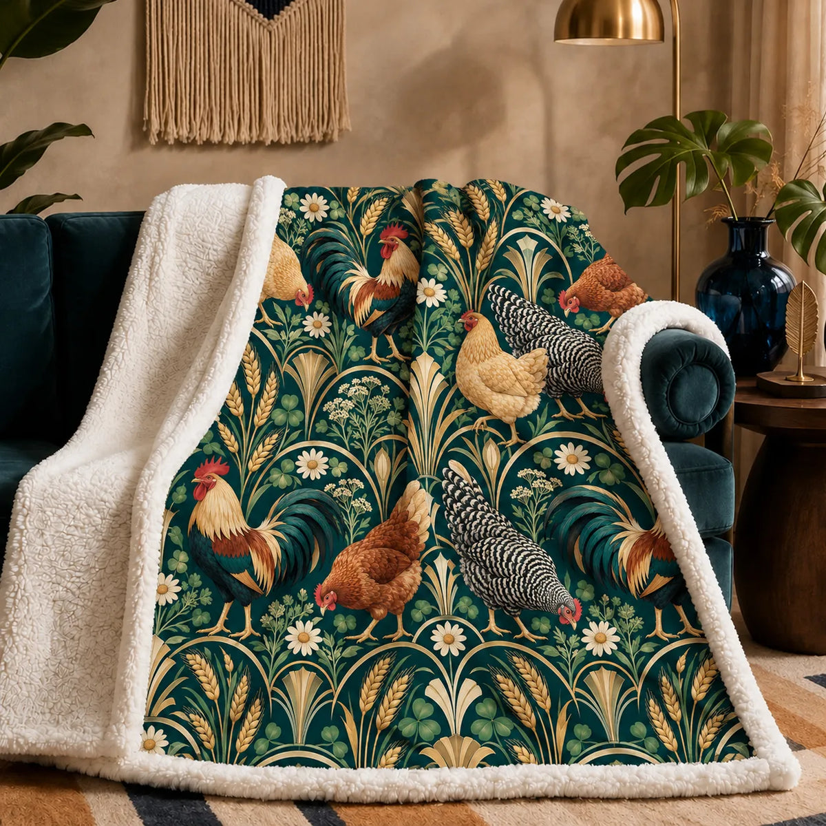Art Deco Chicken sherpa blanket — roosters and hens with gold art deco fans, wheat and daisies on deep green