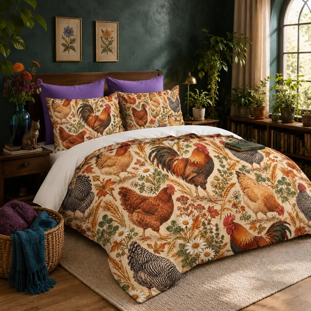 Autumn Copper Chicken duvet cover set — copper roosters and hens with autumn leaves, wheat and daisies on parchment