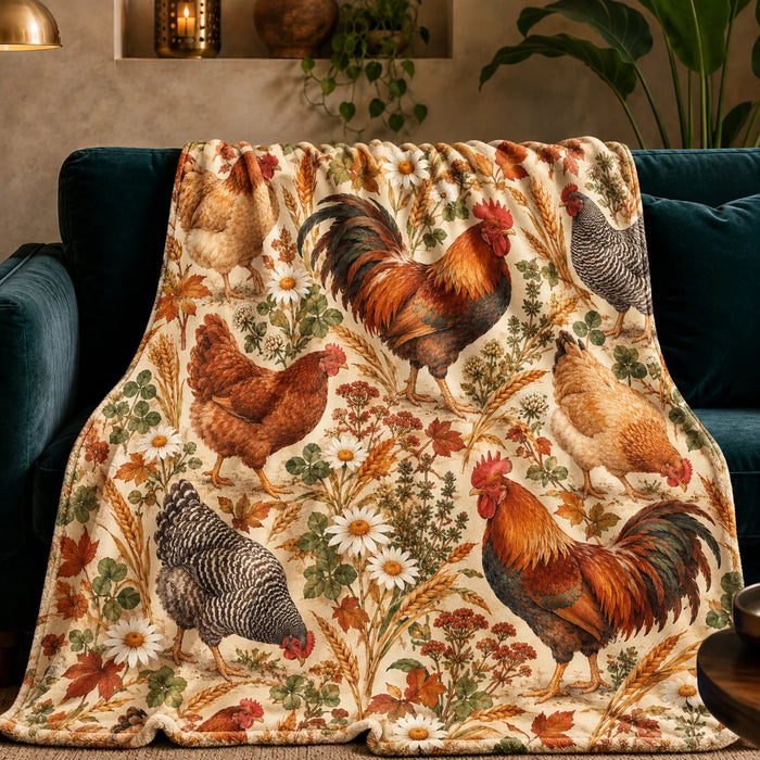 Autumn Copper Chicken fleece throw blanket — copper roosters and hens with autumn leaves, wheat and daisies on parchment