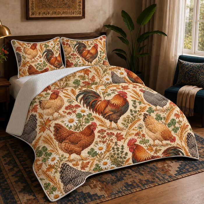 Autumn Copper Chicken quilt set — copper roosters and hens with autumn leaves, wheat and daisies on parchment