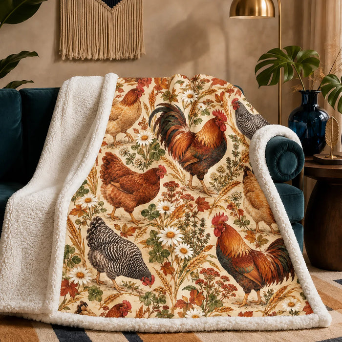 Autumn Copper Chicken sherpa blanket — copper roosters and hens with autumn leaves, wheat and daisies on parchment