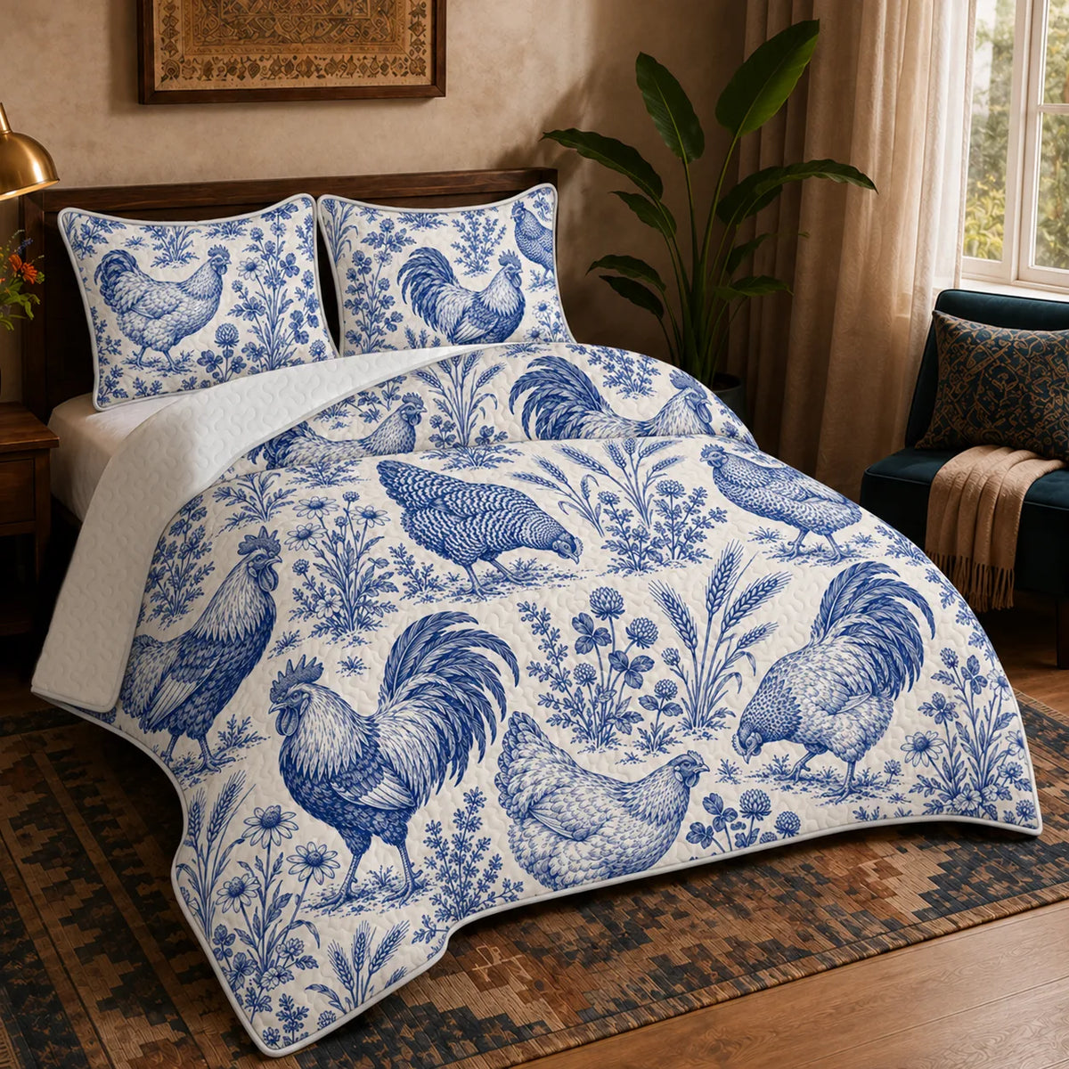 Blue Toile Chicken quilt set — cobalt blue toile roosters and hens among wildflowers and wheat on cream