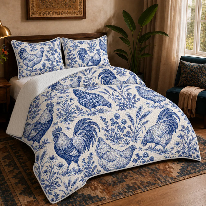 Blue Toile Chicken quilt set — cobalt blue toile roosters and hens among wildflowers and wheat on cream