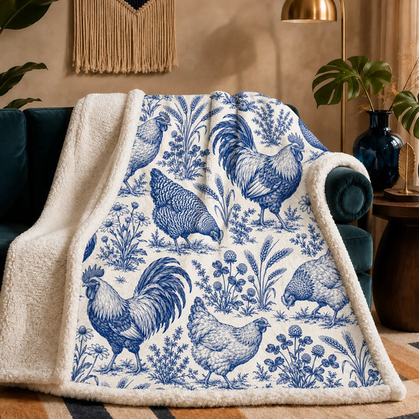 Blue Toile Chicken sherpa blanket — cobalt blue toile roosters and hens among wildflowers and wheat on cream