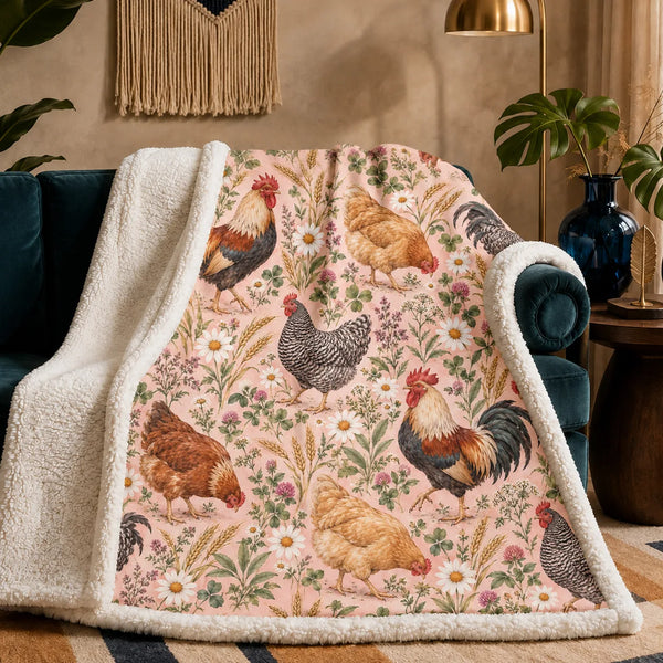 Blush Meadow Chicken sherpa blanket — roosters and hens among daisies, pink clover and wheat on blush pink