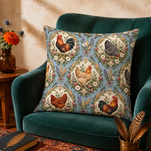 Botanical Medallions Chicken cushion cover set — roosters and hens in cream medallions with gold wreaths on dusty blue