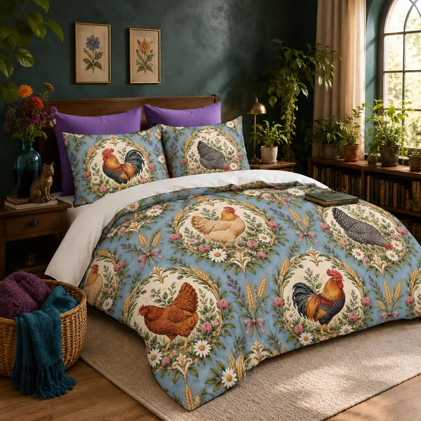 Botanical Medallions Chicken duvet cover set — roosters and hens in cream medallions with gold wreaths on dusty blue