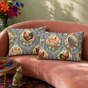 Botanical Medallions Chicken pillowcase set — roosters and hens in cream medallions with gold wreaths on dusty blue