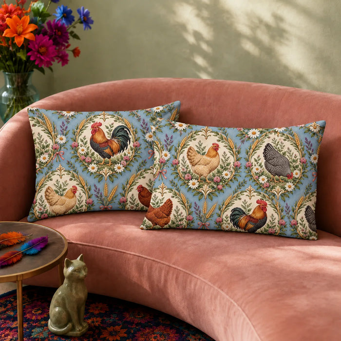 Botanical Medallions Chicken pillowcase set — roosters and hens in cream medallions with gold wreaths on dusty blue