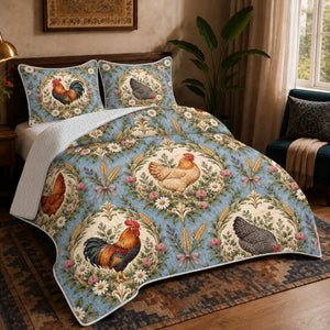 Botanical Medallions Chicken quilt set — roosters and hens in cream medallions with gold wreaths on dusty blue