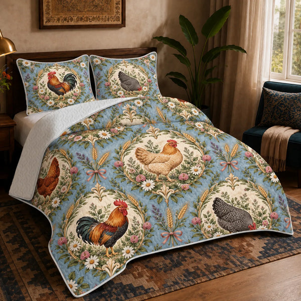 Botanical Medallions Chicken quilt set — roosters and hens in cream medallions with gold wreaths on dusty blue