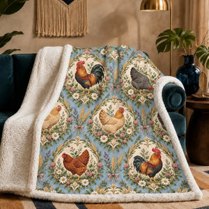 Botanical Medallions Chicken sherpa blanket — roosters and hens in cream medallions with gold wreaths on dusty blue