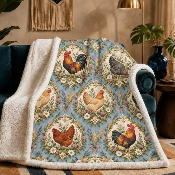 Botanical Medallions Chicken sherpa blanket — roosters and hens in cream medallions with gold wreaths on dusty blue