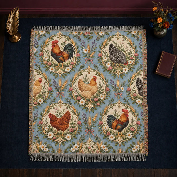 Botanical Medallions Chicken woven throw blanket — roosters and hens in cream medallions with gold wreaths on dusty blue