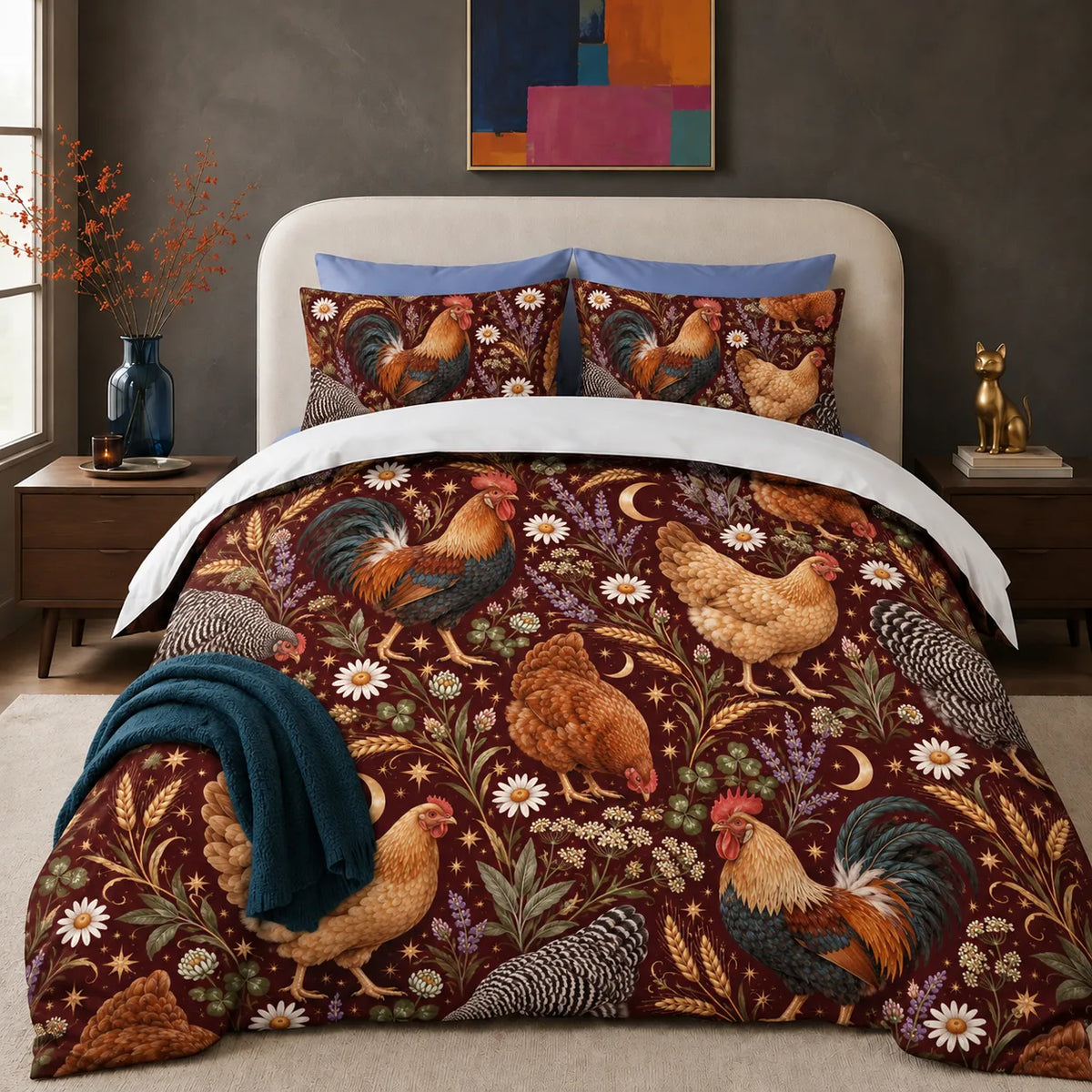 Burgundy Night Chicken comforter set — roosters and hens with daisies, lavender, gold moons and stars on burgundy