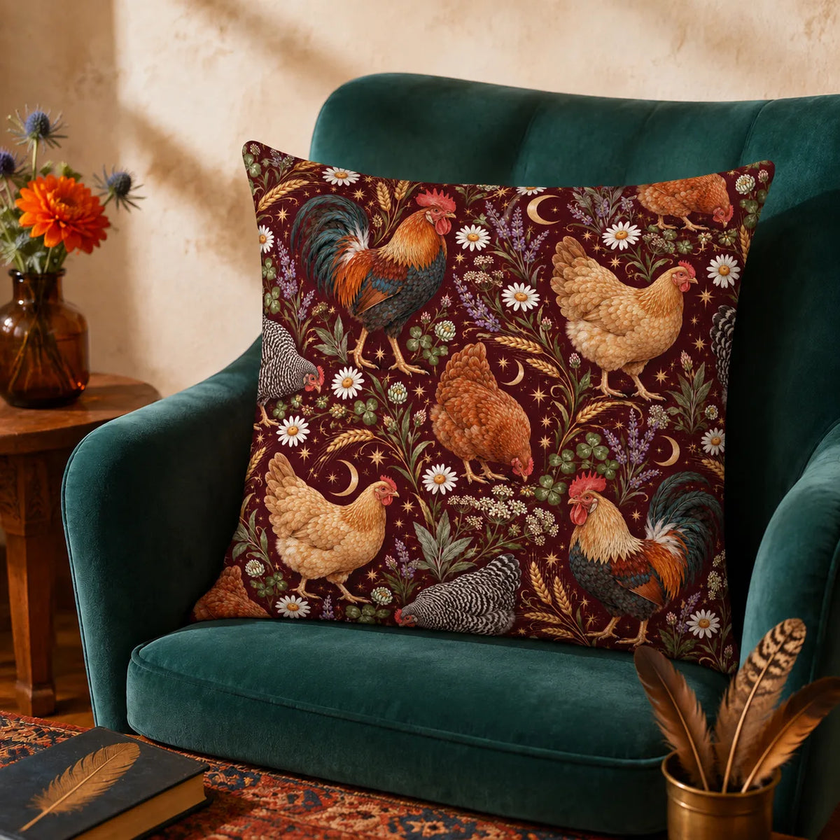 Burgundy Night Chicken cushion cover set — roosters and hens with daisies, lavender, gold moons and stars on burgundy