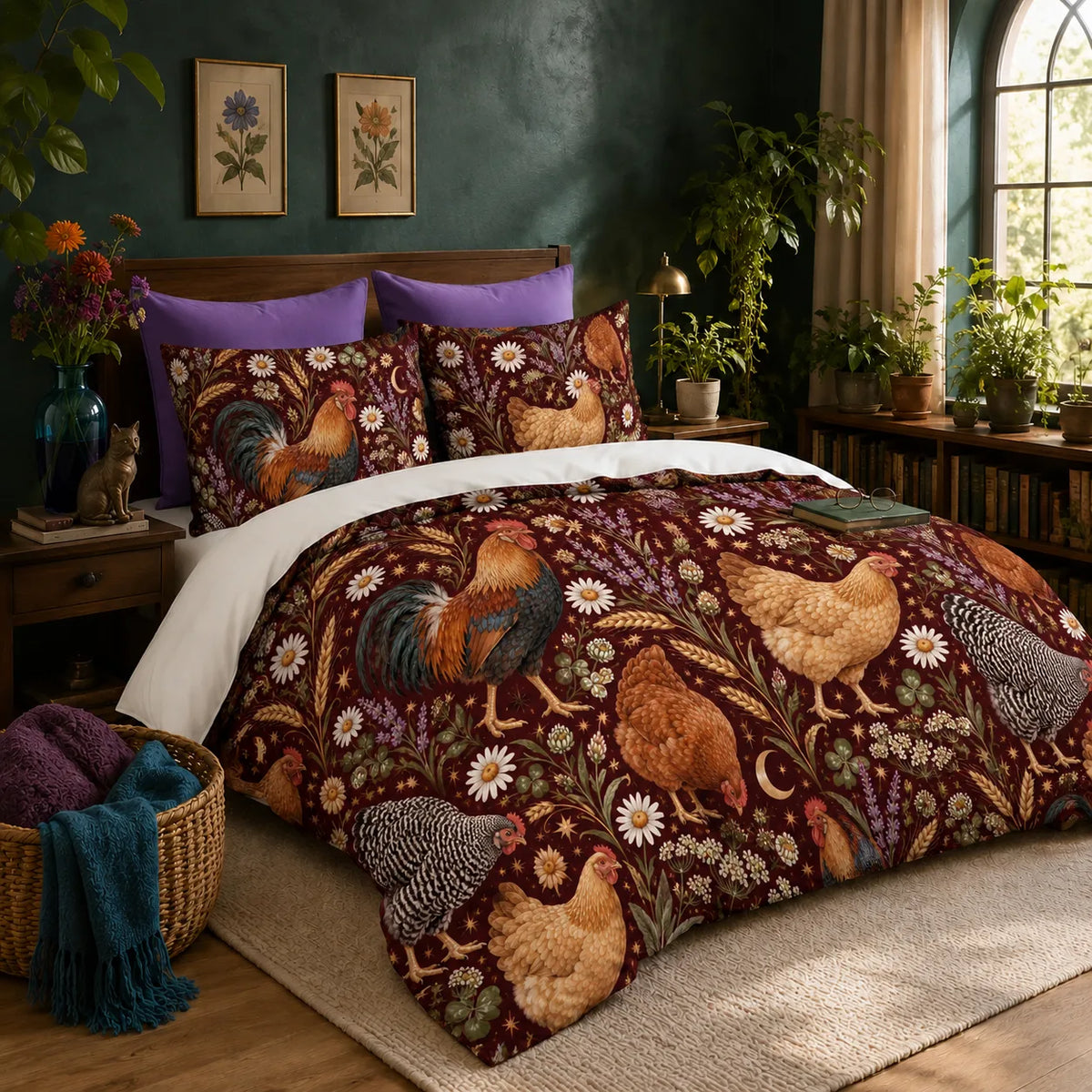 Burgundy Night Chicken duvet cover set — roosters and hens with daisies, lavender, gold moons and stars on burgundy