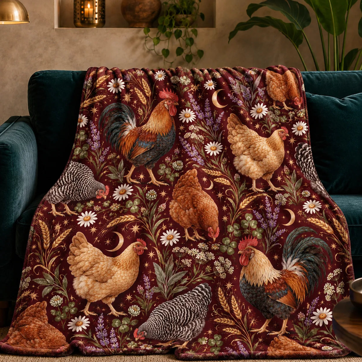 Burgundy Night Chicken fleece throw blanket — roosters and hens with daisies, lavender, gold moons and stars on burgundy