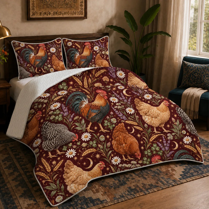 Burgundy Night Chicken quilt set — roosters and hens with daisies, lavender, gold moons and stars on burgundy