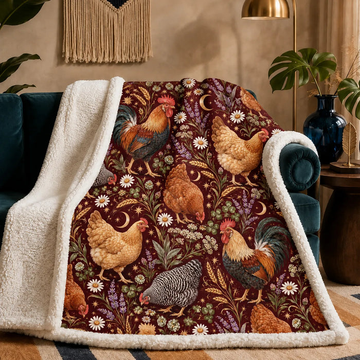 Burgundy Night Chicken sherpa blanket — roosters and hens with daisies, lavender, gold moons and stars on burgundy